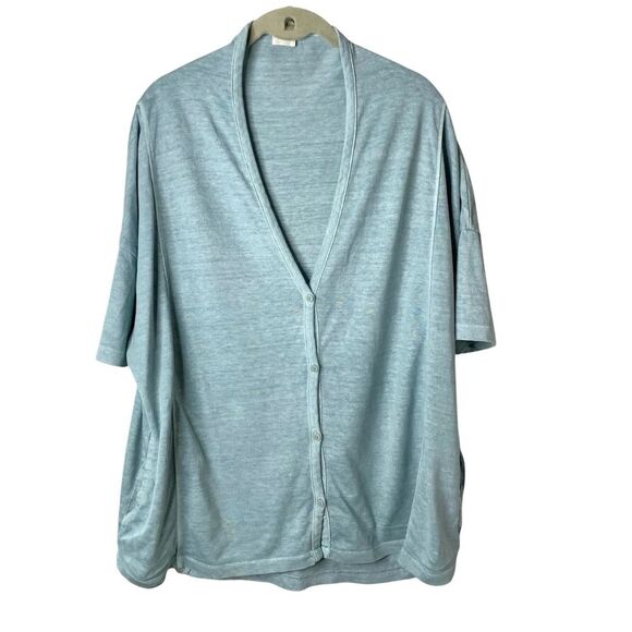 Poetry Hemp Organic Cotton Button-Up Cardigan Short Sleeve Pockets Blue Size 14 - Picture 2 of 10